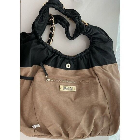 BE & D Soft Leather Hobo Shoulder Bag Camel Black Chain Strap Slouchy - Picture 5 of 5